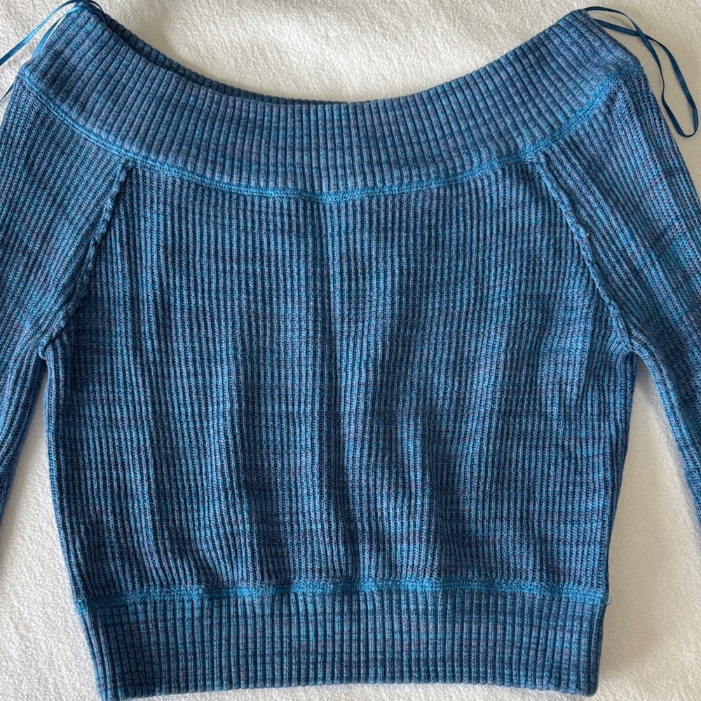 Free People Blue Ribbed Off-Shoulder Crop Sweater